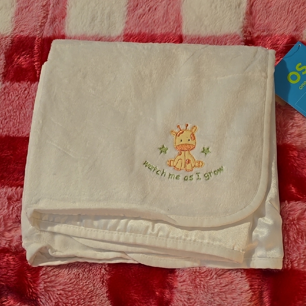 Adorable Macy's Carter's Velour And Satin Baby Blanket with Giraffe Embroidery